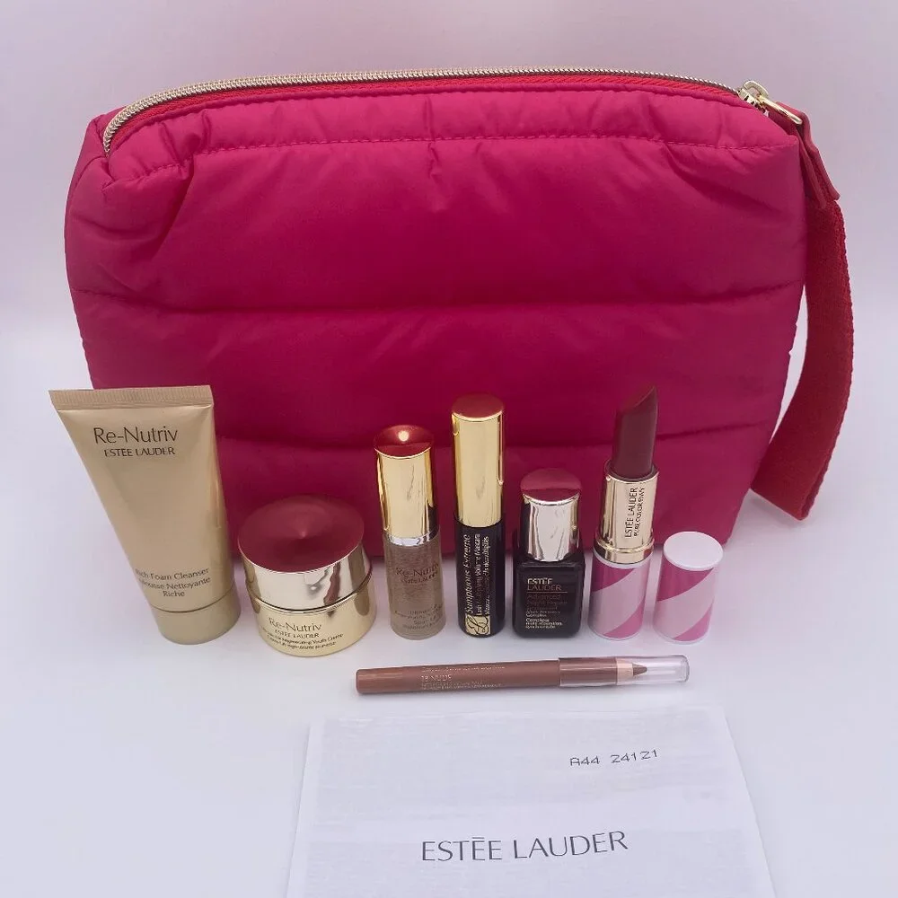 Estee Lauder Beauty Set-Air Pink Pouch,Lipstick,Mascara,Serum,Re-Nutriv-8pc-NEW